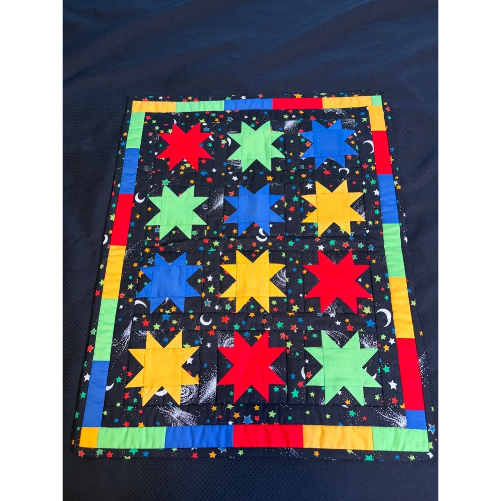 Vtg  Handmade Patchwork Quilt~18"x22"~Signed Primary Color 8 Pt Stars on Black